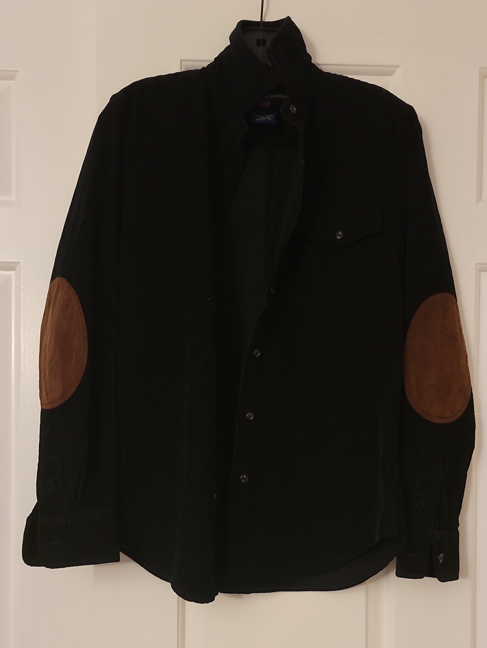 Blue Lable Woman Ralph Lauren Black Shirt Jacket with Brown Elbow Patches
